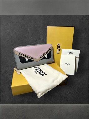 Fendi Monster Eyes Cont. Zip Around Leather Wallet Full Inclusion Pink/Gray/Stud